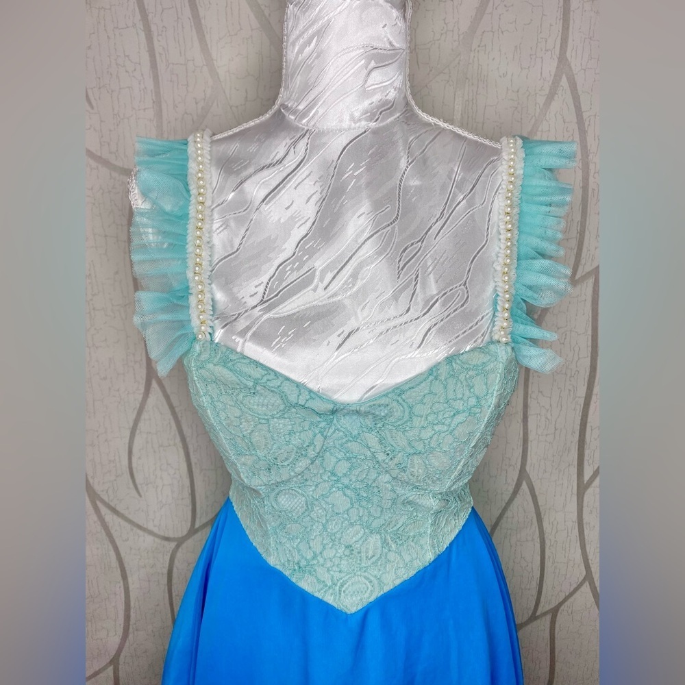 🎀🍒 Blue Green Lace Colourblock Contrast A Line Dress 🍒🎀 Pearl Ruffle Trim Straps - Picture 6 of 13